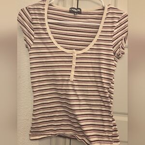 small carbon striped creme,red,and brown short sleeved henley top